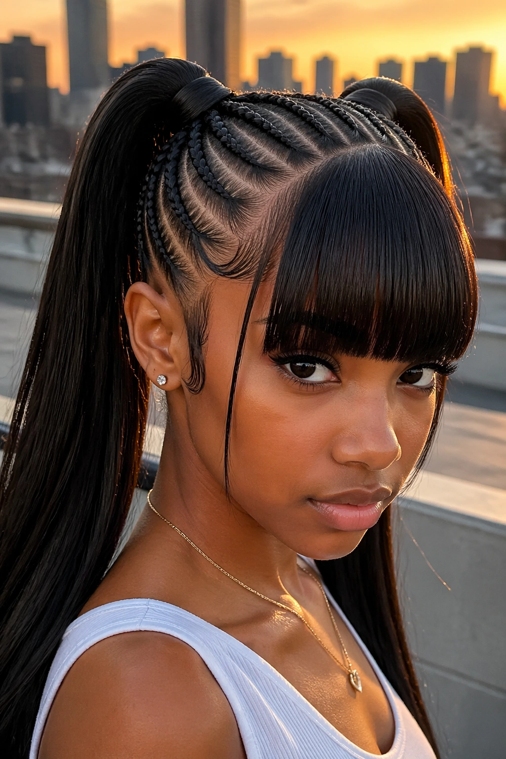 Close-up portrait of a woman with feed-in cornrows and straight bang panel