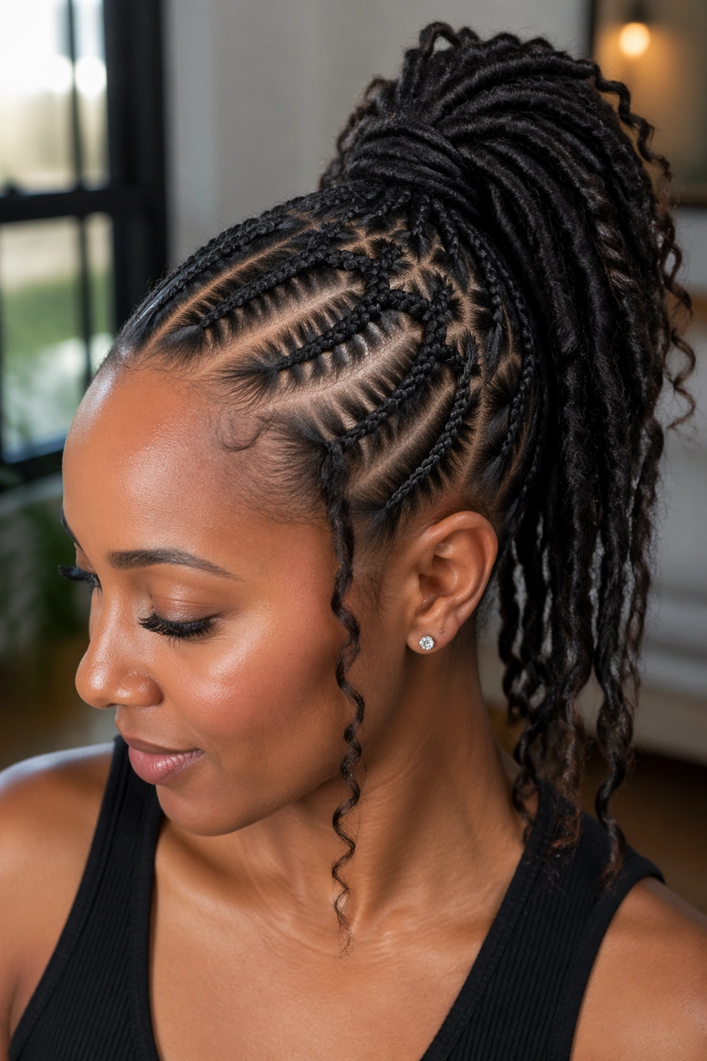 Real woman with feed-in crown butterfly braid ponytail showing front braids feeding into crown before the ponytail.