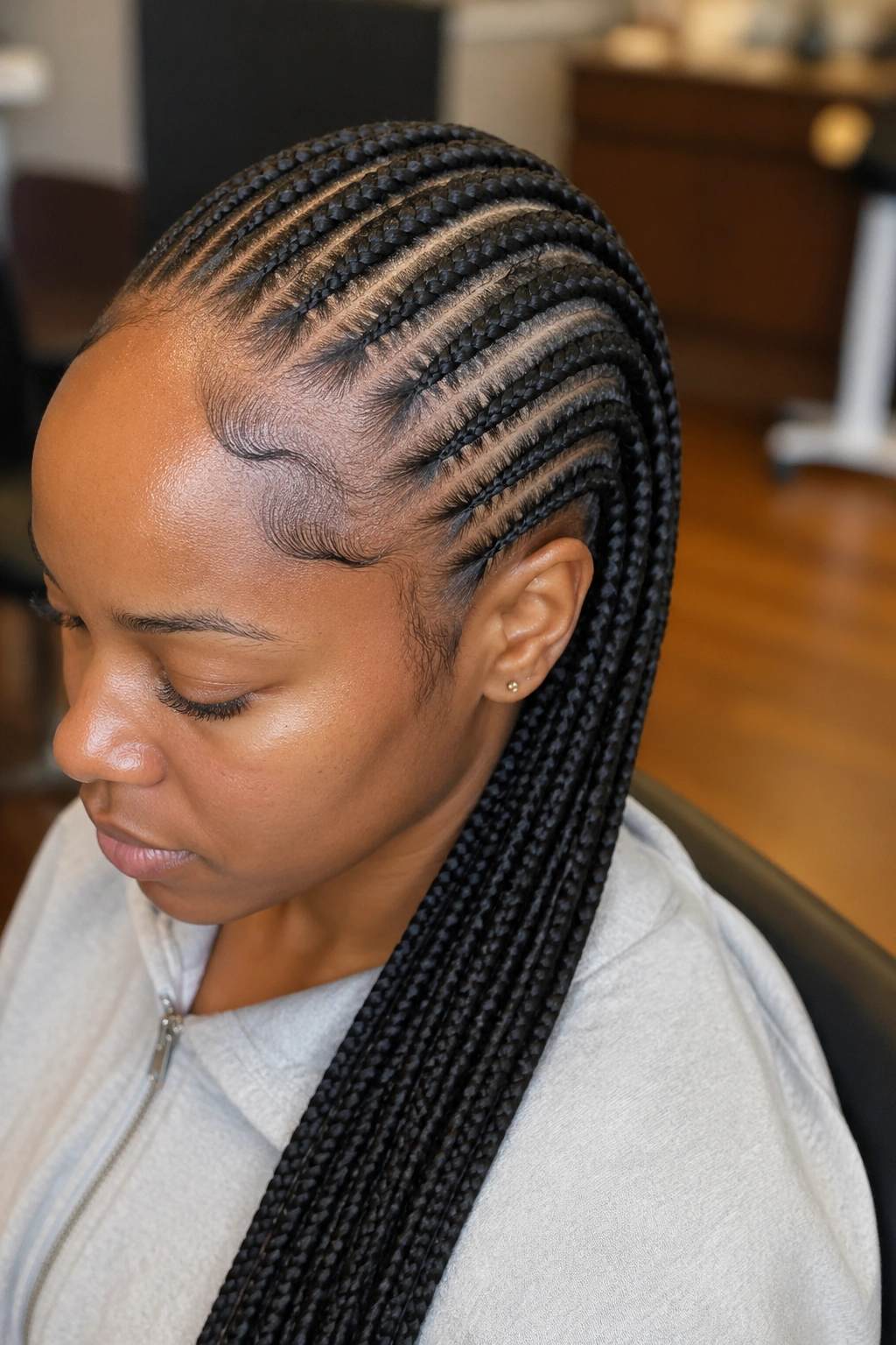 Close-up of a real woman with straight backs featuring feed-in extensions blending at the front