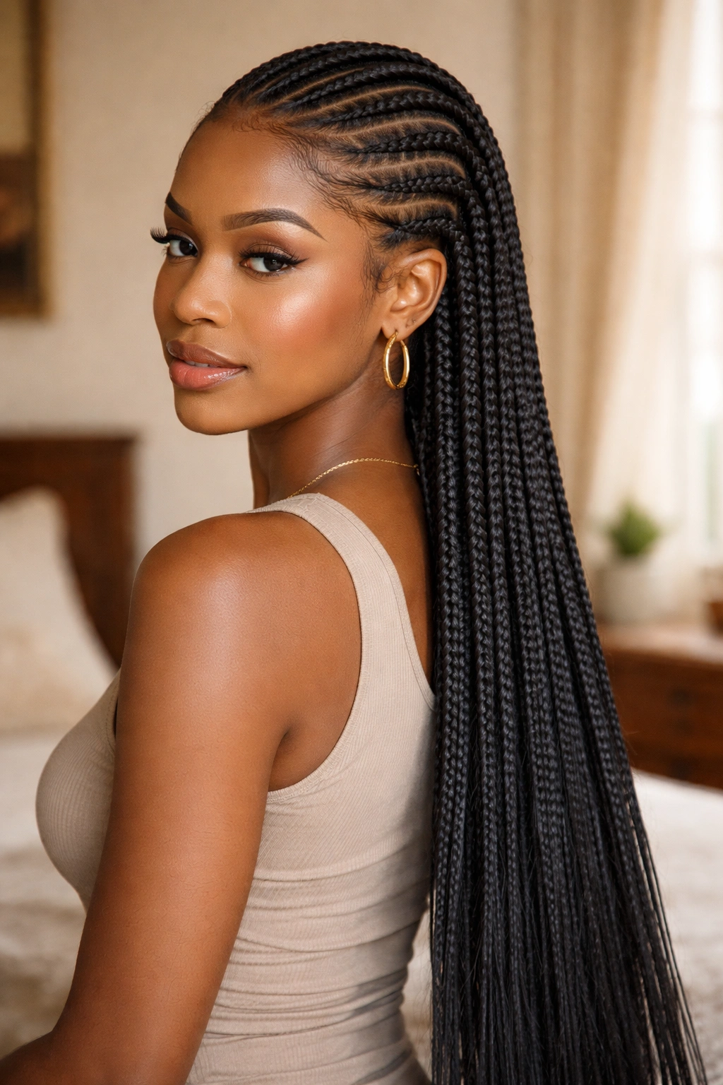 Real woman with long all-back cornrows and feed-in extensions