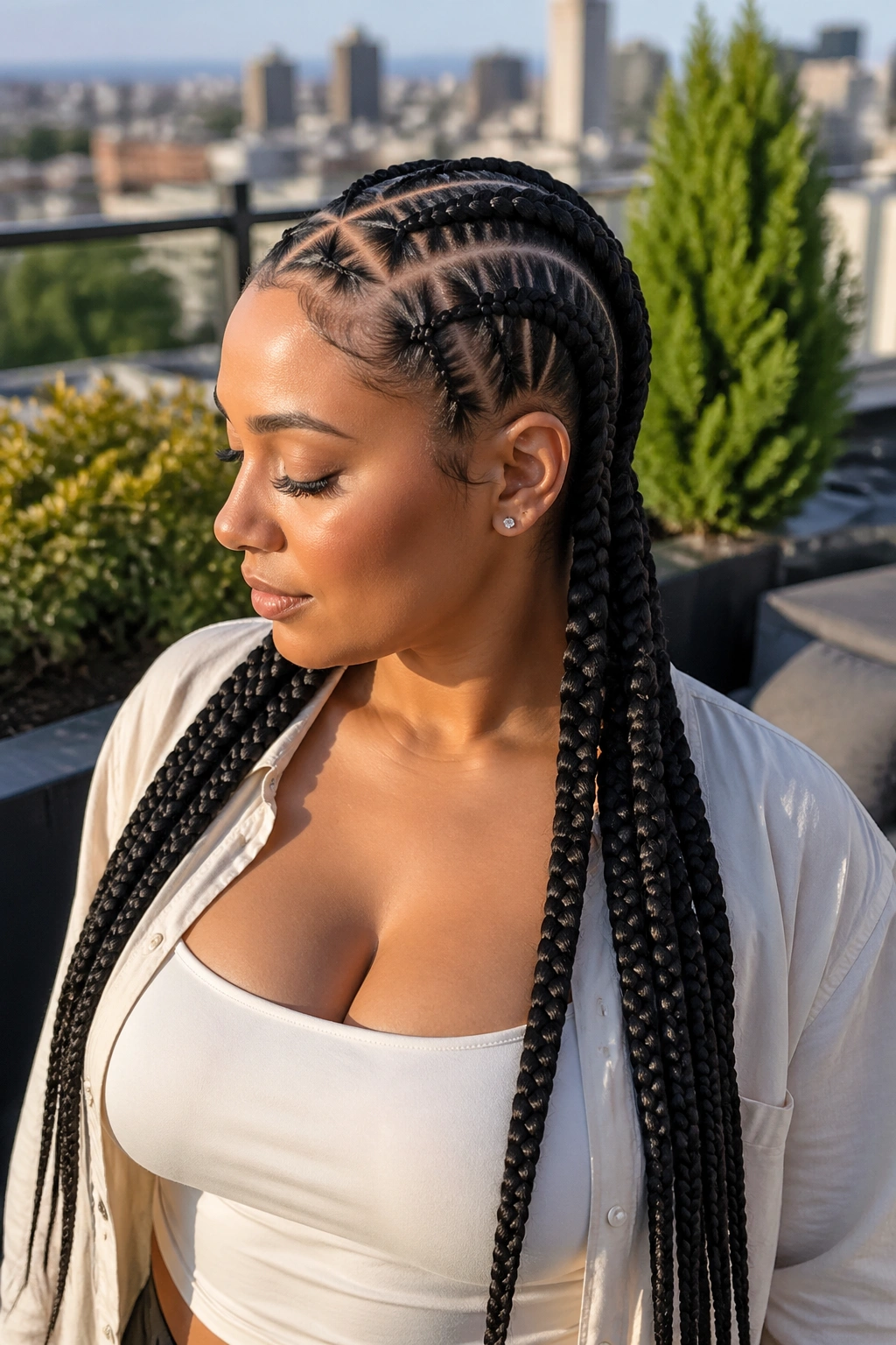 Close-up of a real woman with long feed-in extensions extending to mid-back.