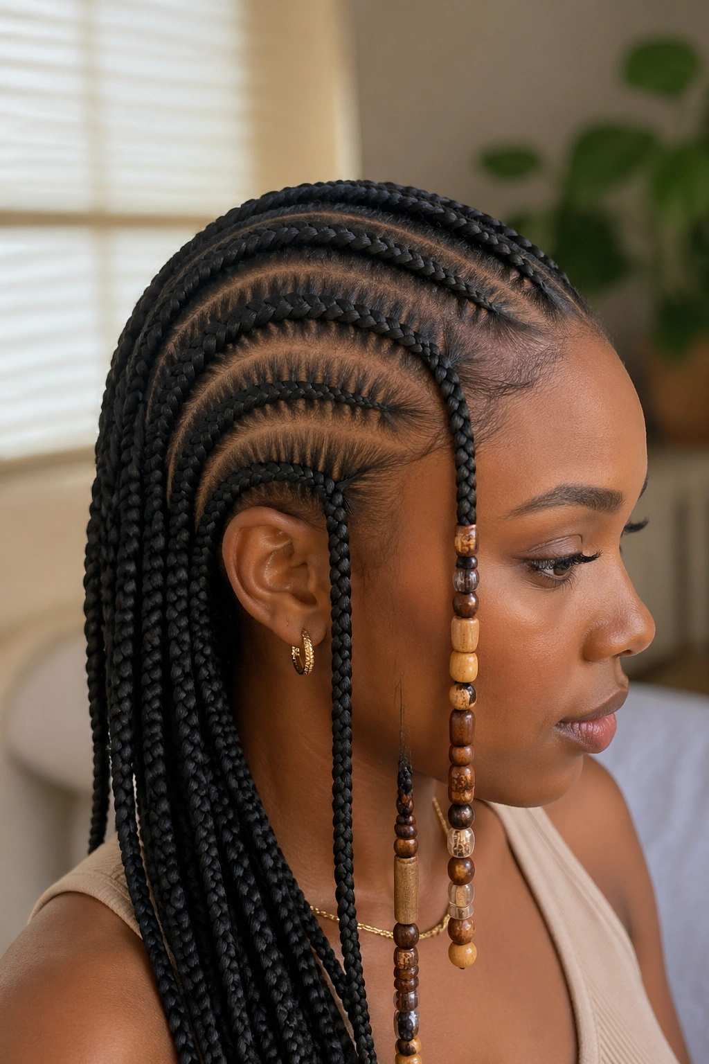 Close-up of Fulani hair with feed-in extensions creating long, fuller braids on a real person