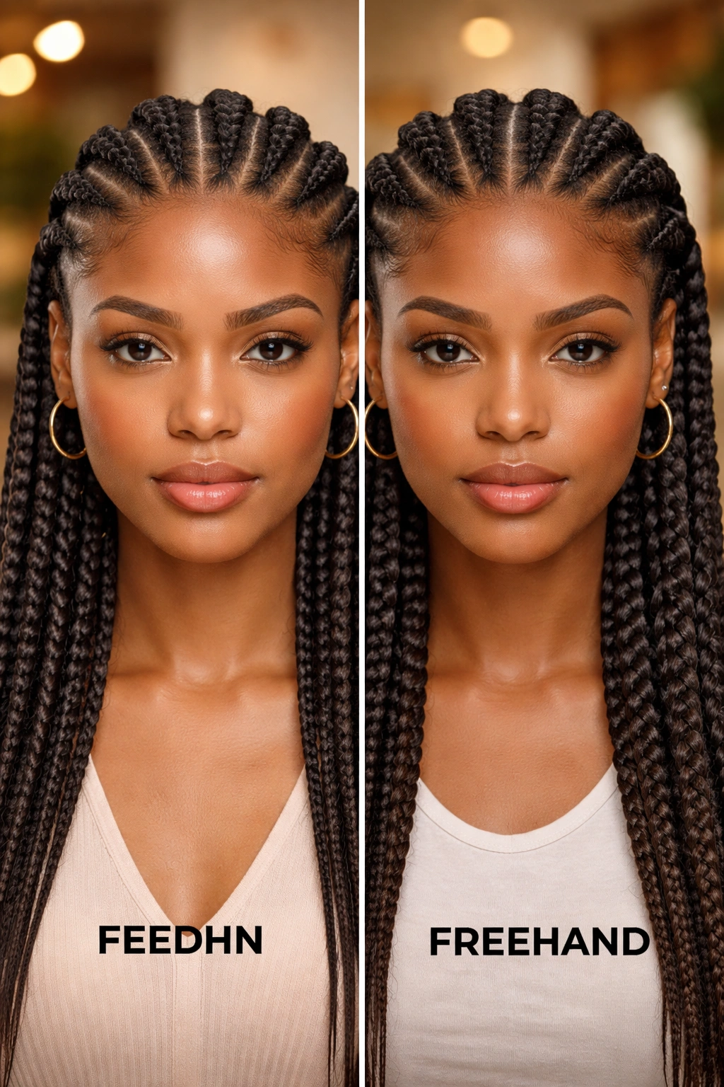 Close-up of six cornrows showing feed-in and freehand differences on a real head