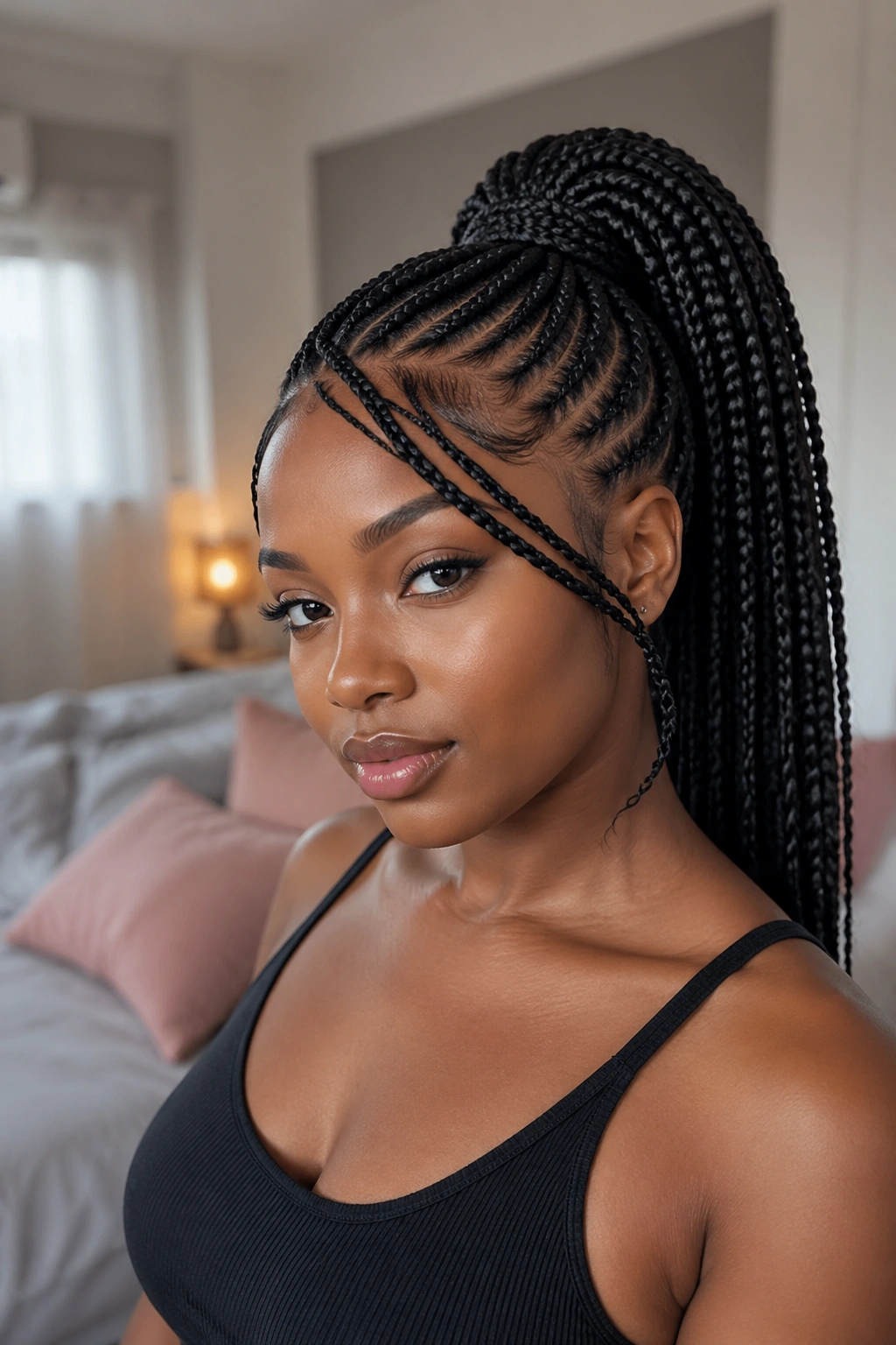 Real woman with feed-in pony and front fringe; fringe front cornrow