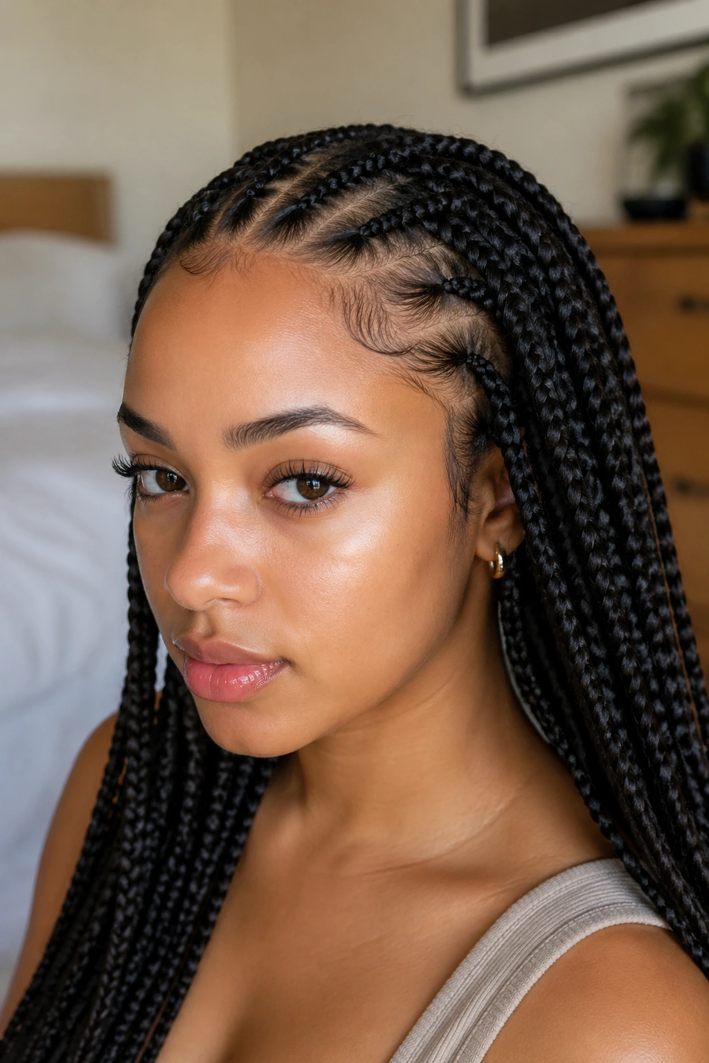 Close-up portrait of a real woman with feed-in front box braids and a smooth, blended hairline.