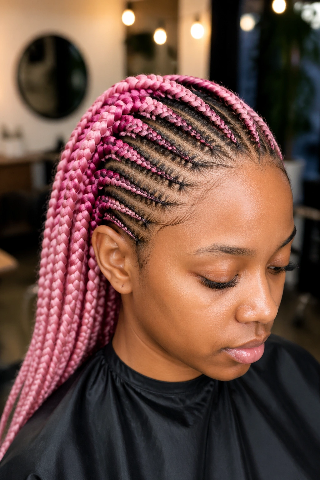 Portrait of a real person with a feed-in cornrow front and pink box braids, front rows flat against the scalp.