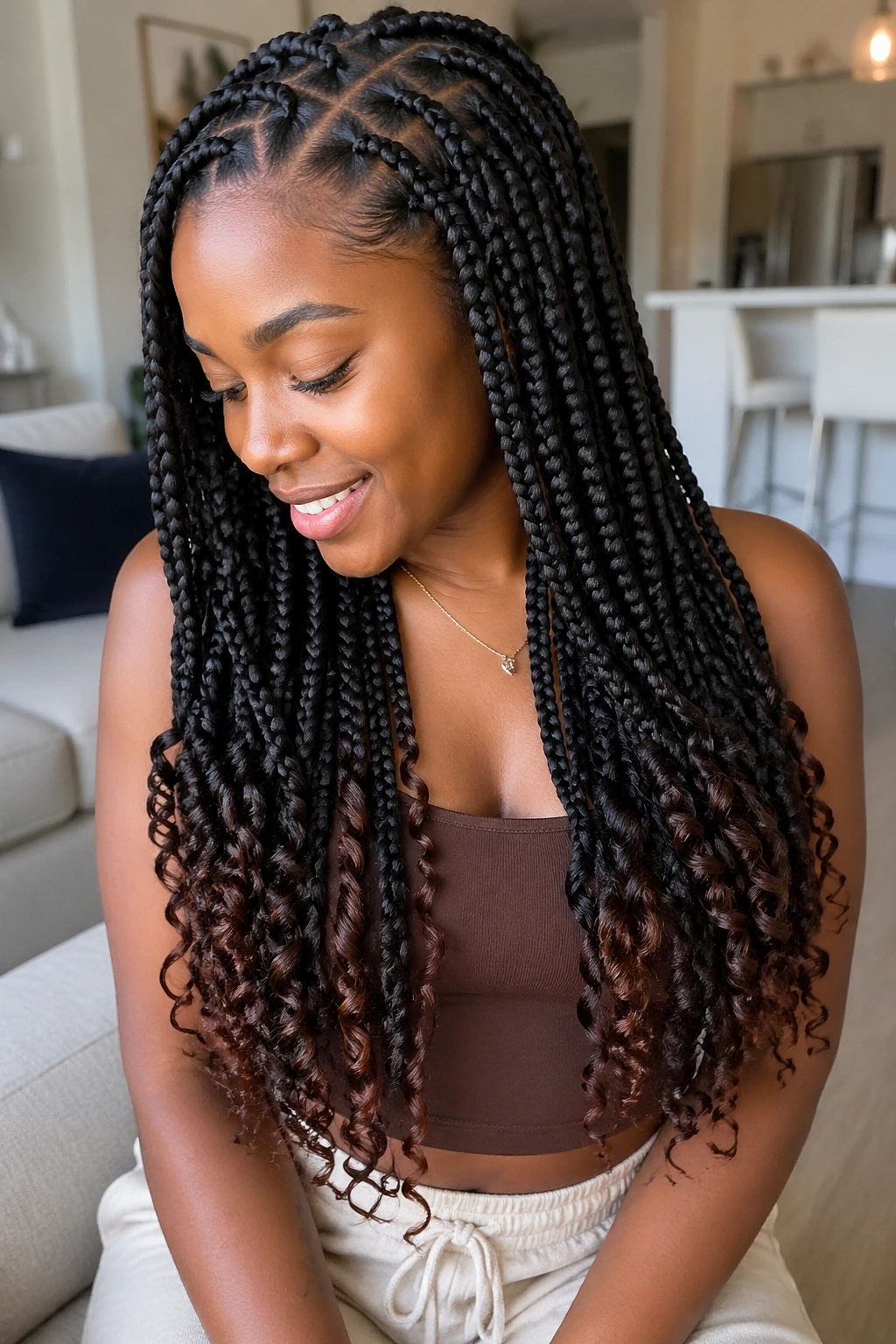 Close-up of a real woman with feed-in knotless braids and curly ends.