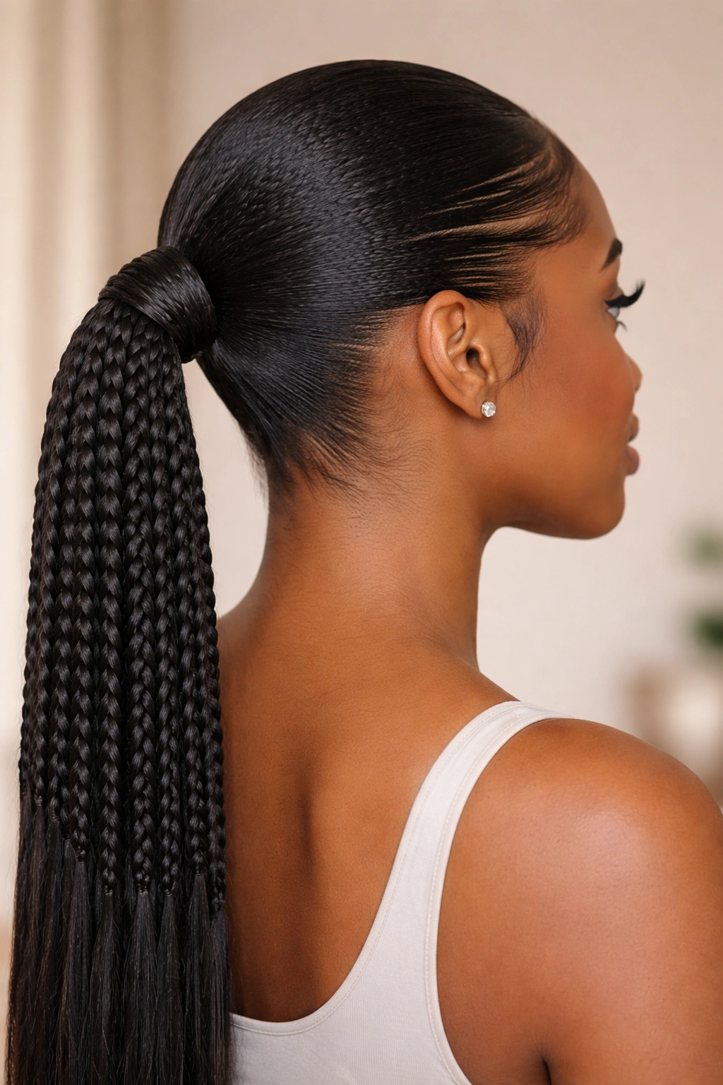 Close-up of a smooth feed-in knotless ponytail with gradual extension transition