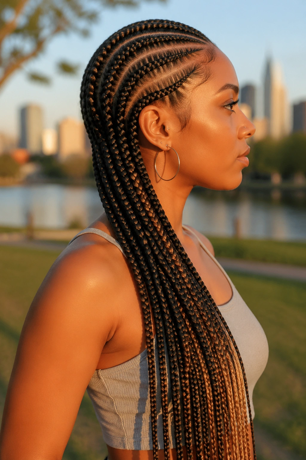 Close-up of fishtail cornrows with feed-in length extensions on a real woman
