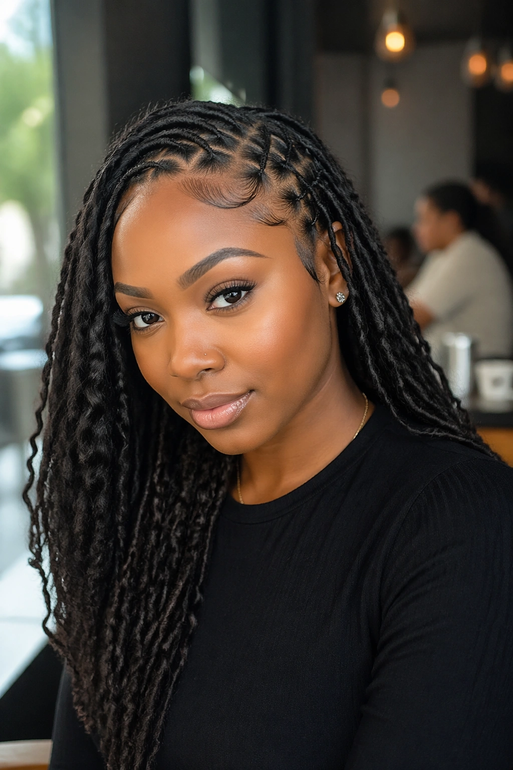 Close-up of a real woman with feed-in curly faux locs and sleek hairline
