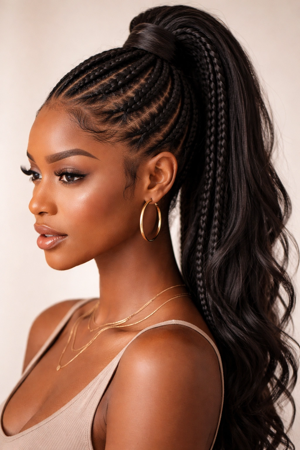Feed-in braided mohawk with a high wrapped ponytail showing smooth scalp line
