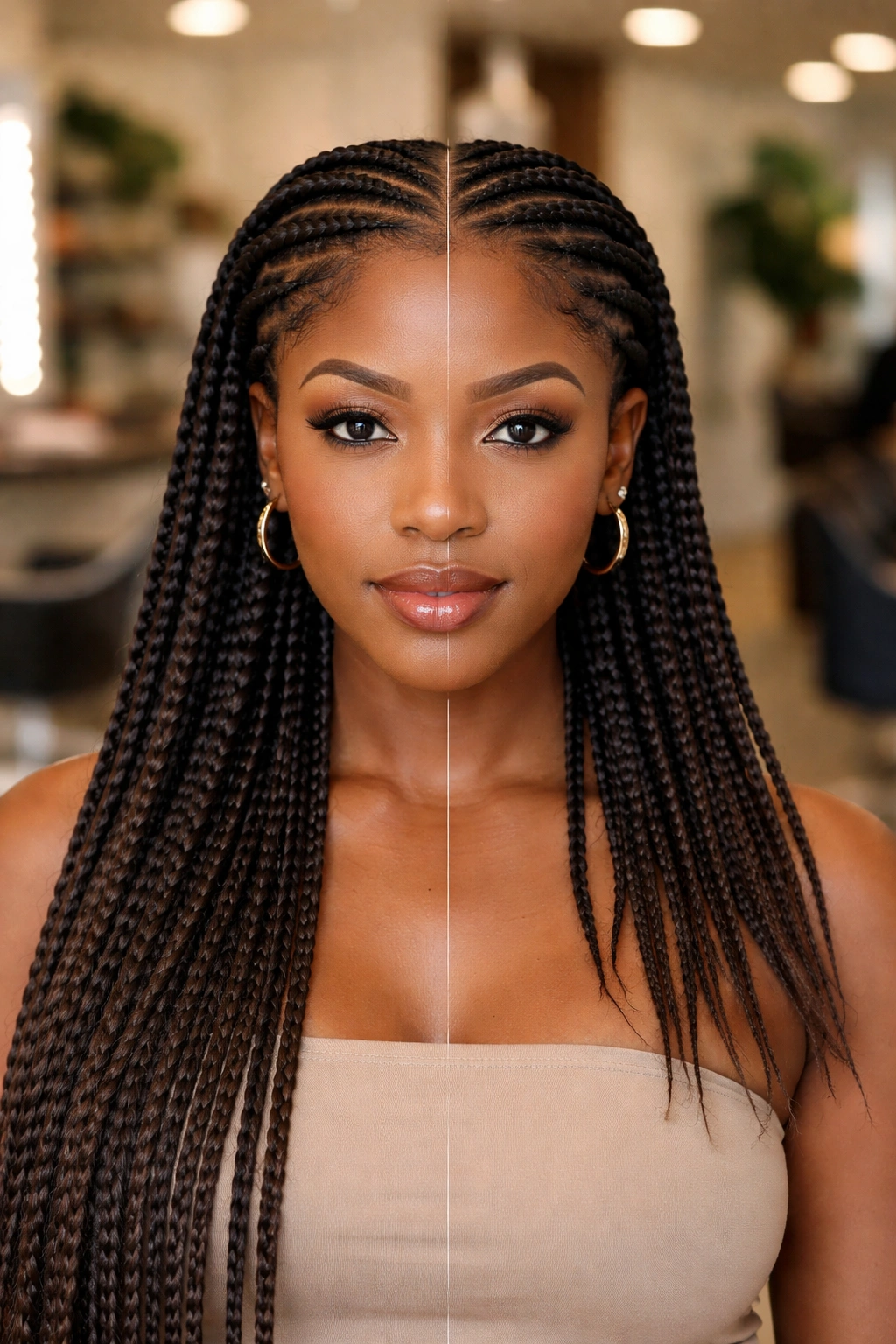 Portrait illustrating feed-in vs no-feed cornrows on one head