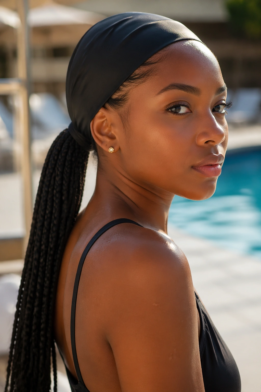Close-up of a real woman with a sleek feed-in ponytail under a swim cap by a pool