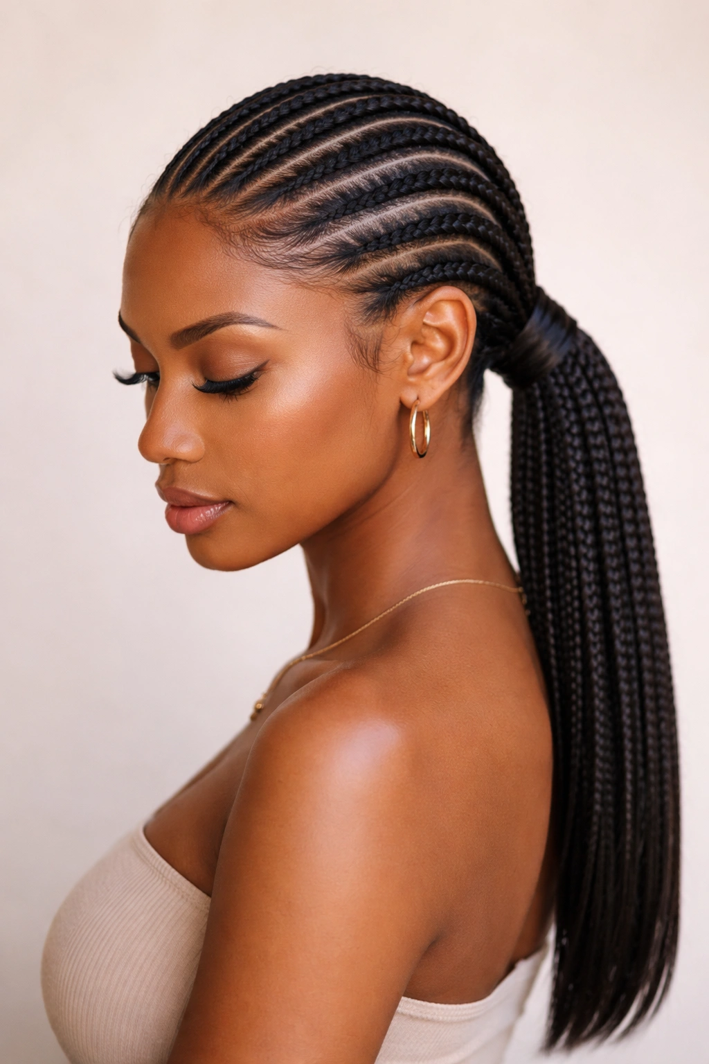 Front-facing view of straight-back feed-in braids forming a low ponytail with smooth hairline