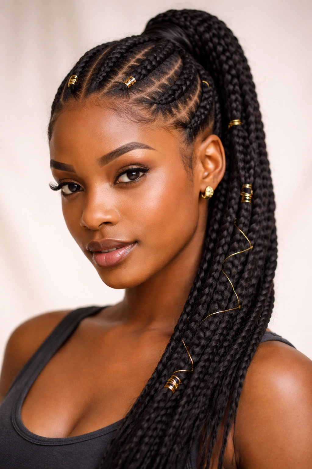 Close-up of feed-in ponytail with gold cuffs and thread detail on the braid front