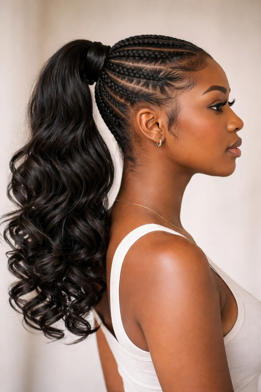 Feed-in ponytail with curled ends featuring defined curls at the tail