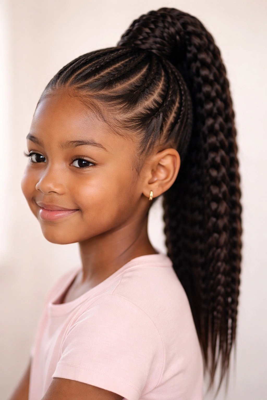 Close-up of a classic high feed-in ponytail on a child, flat base and smooth crown