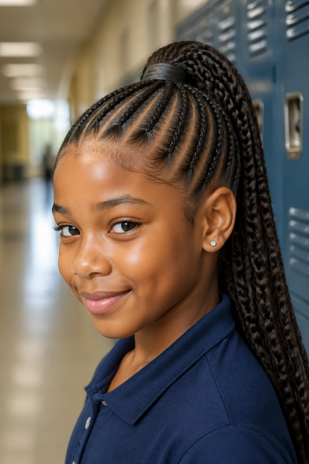 Close-up of a real child with a neat school-ready feed-in ponytail in a school hallway