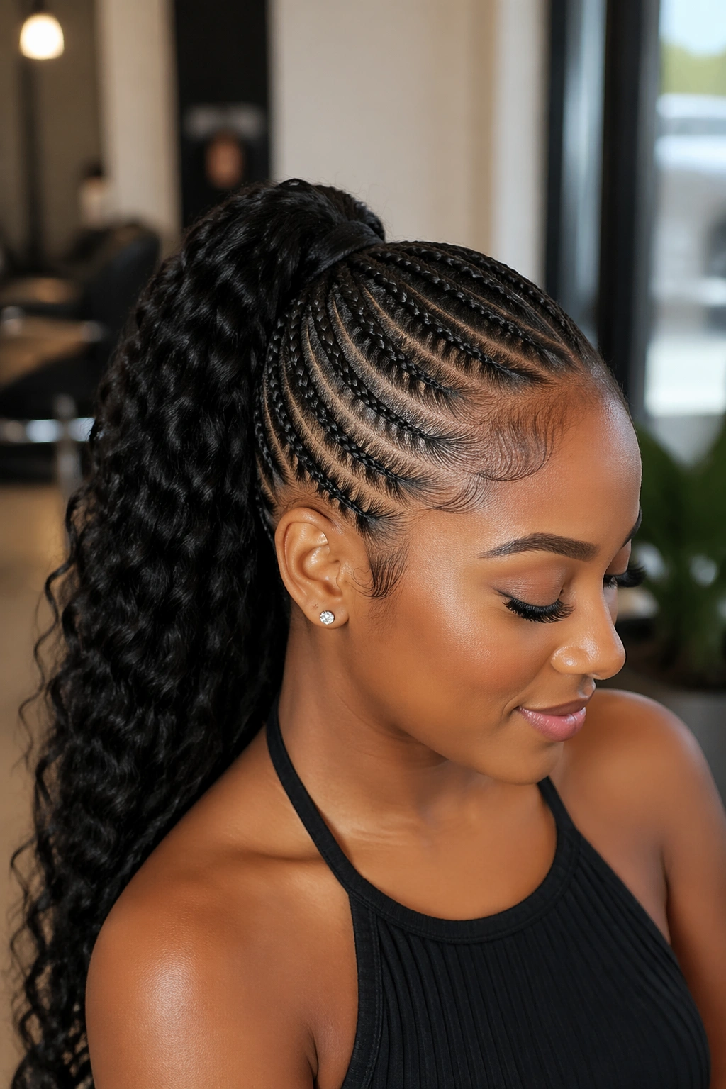 Close-up of a real woman with feed-in stitched ponytail and tight rows along the hairline