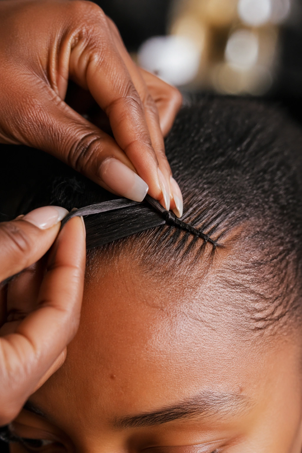 Close-up of hairline showing initial feed-in stitch for Ghana cornrows