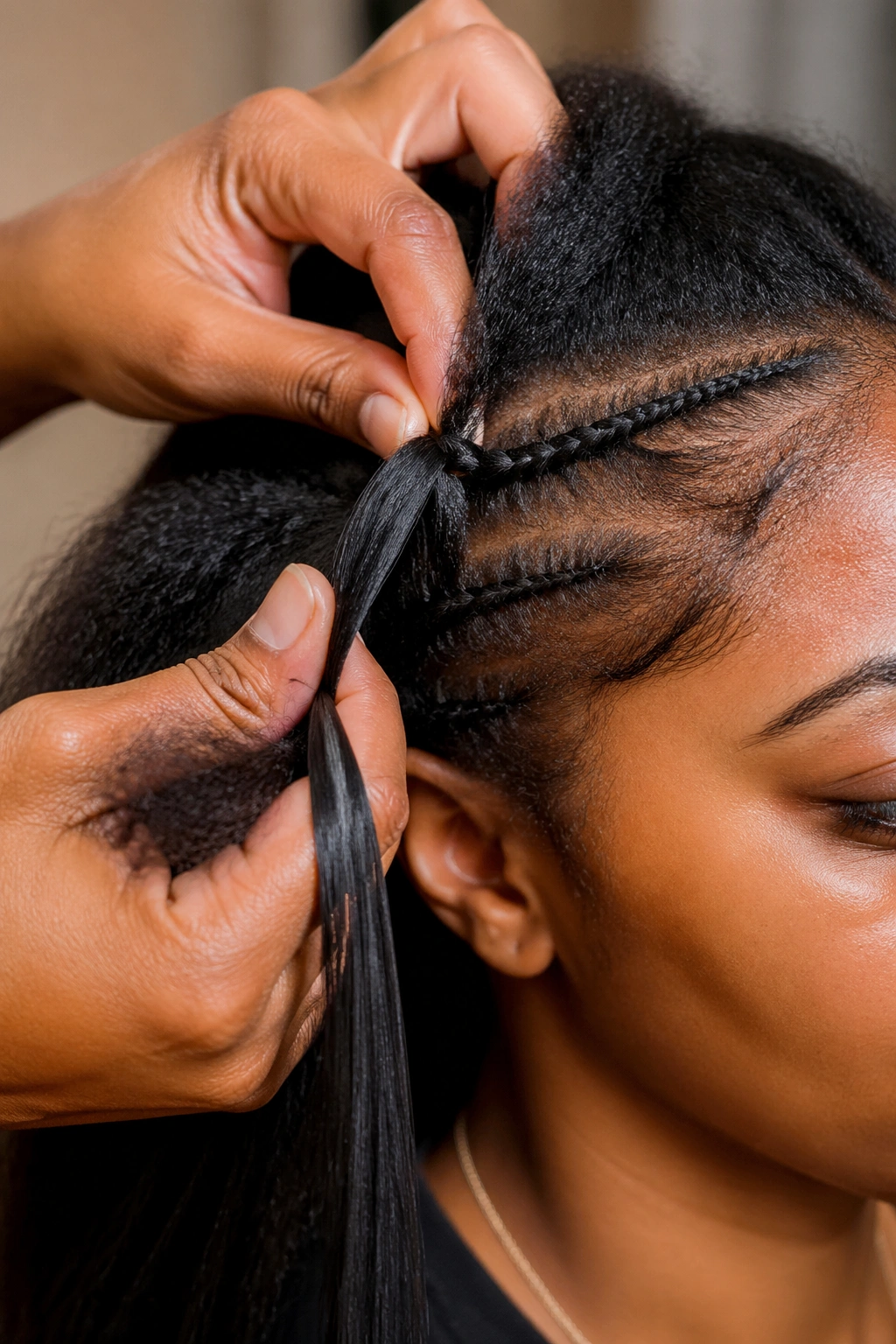 Close-up showing feed-in braid technique at the root on a real person