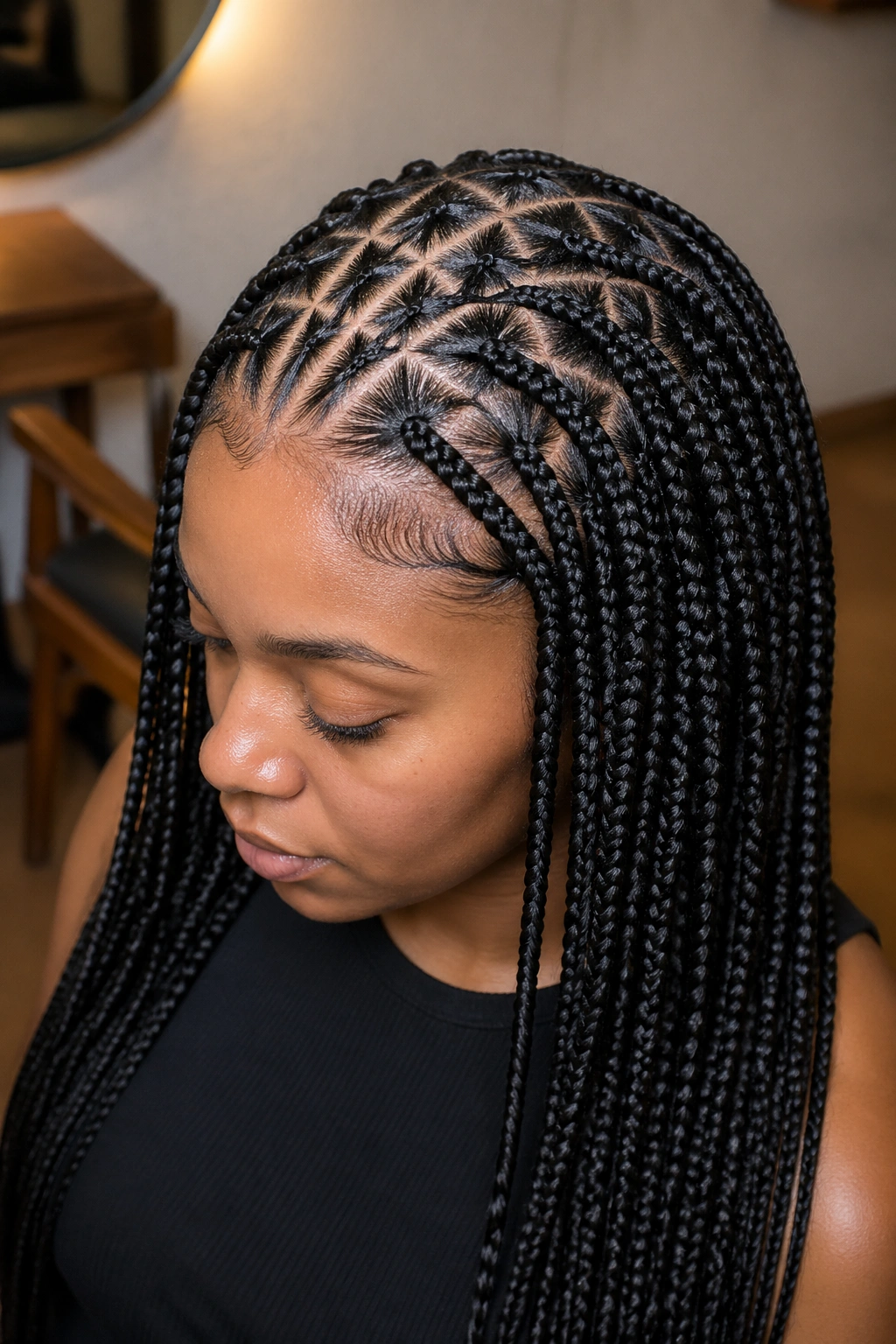 Real woman with feed-in triangle-part box braids and smooth root line