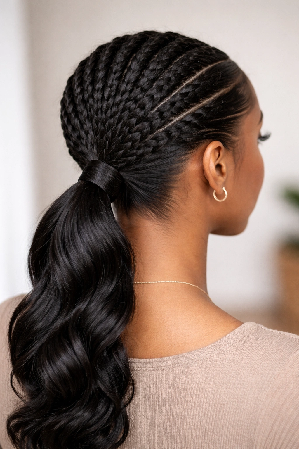 Front-to-back feed-in flat twists forming a sleek low ponytail