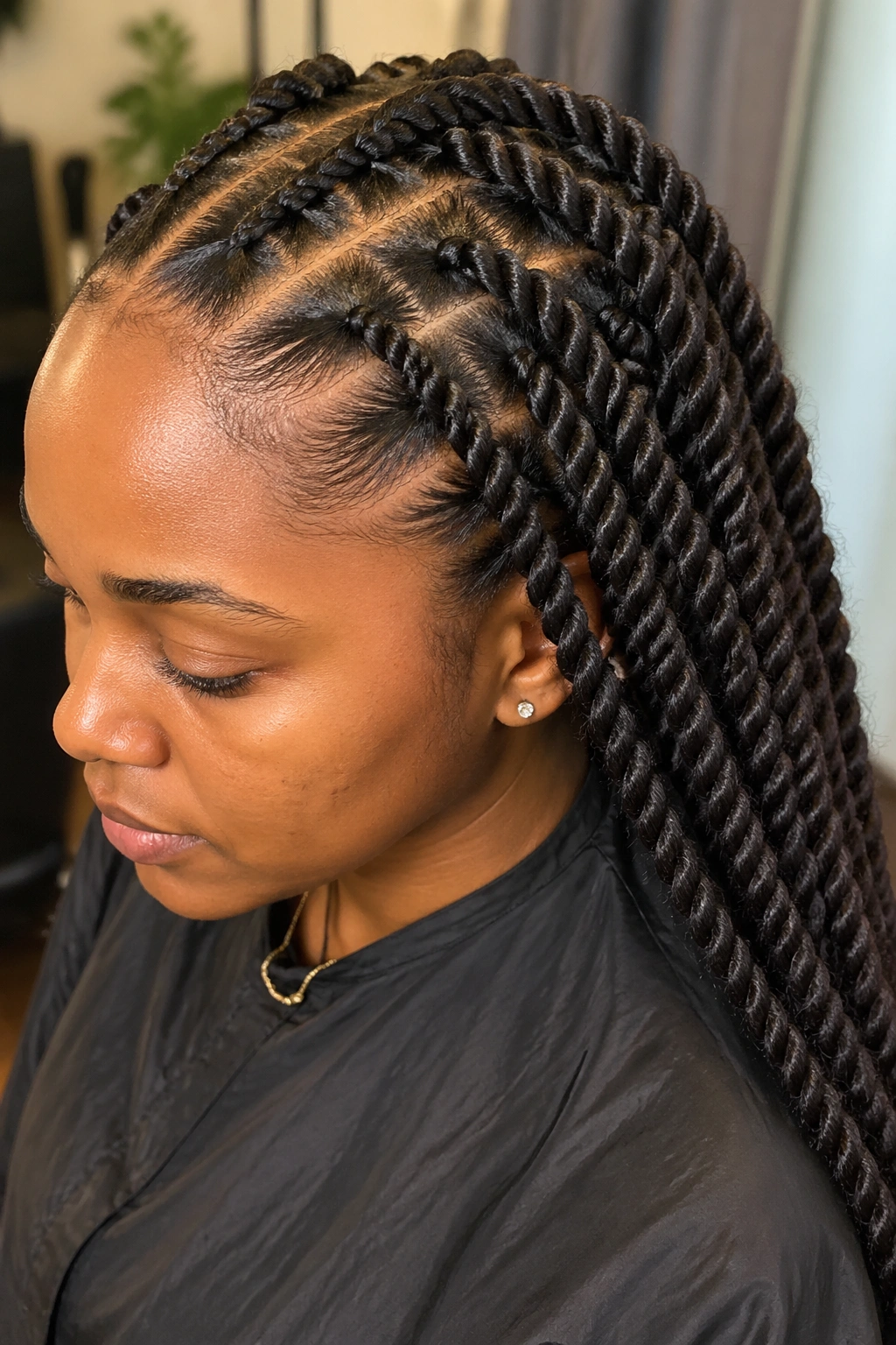 Close-up of a real person with feed-in twist braids and seamless root blending