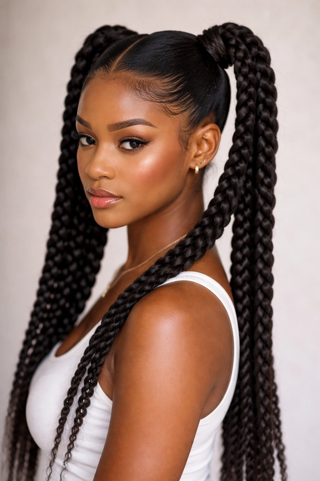 Feed-in twists showing gradual base transition into two ponytails