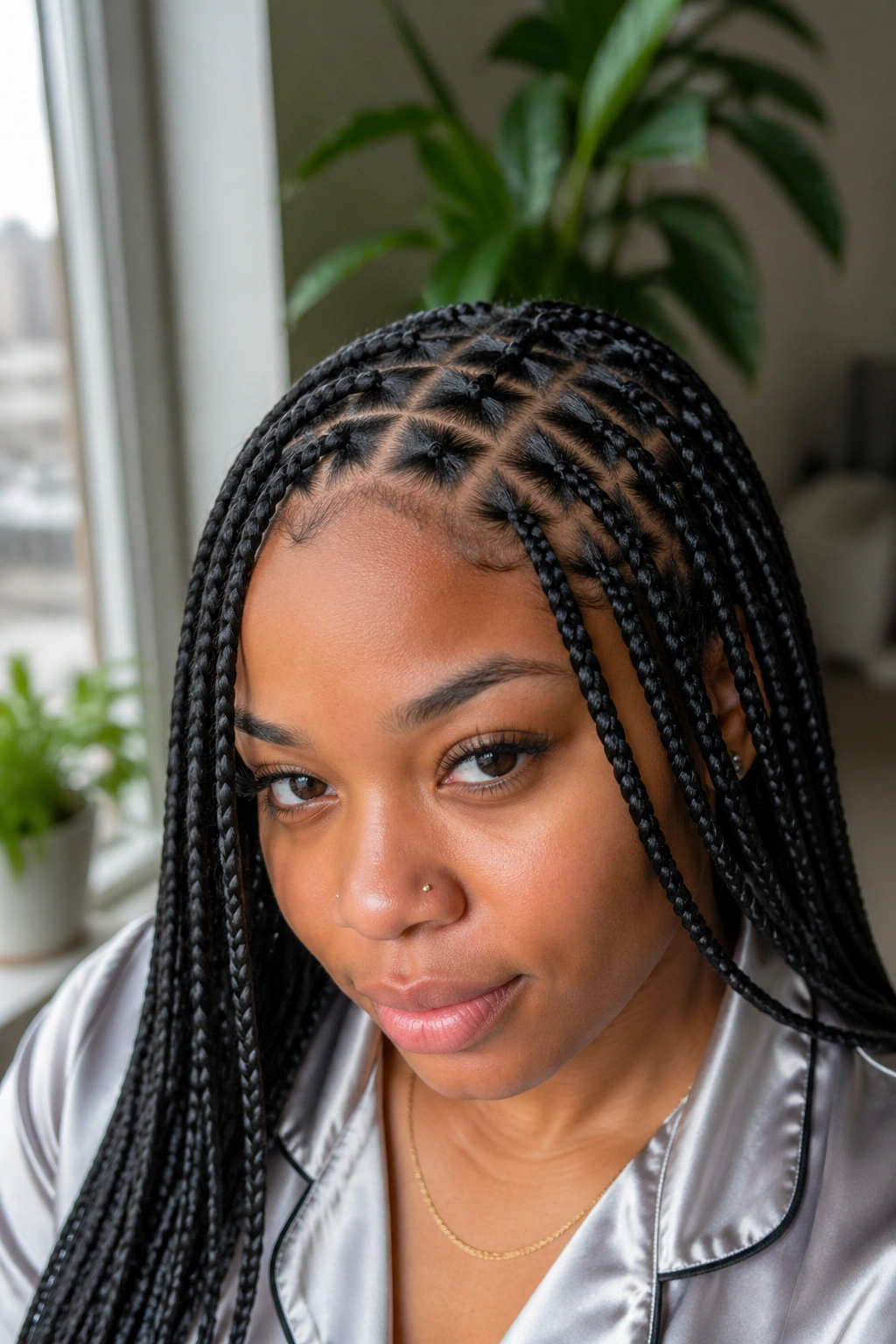 Close-up of a real person with feed-in zigzag box braids at the front hairline.