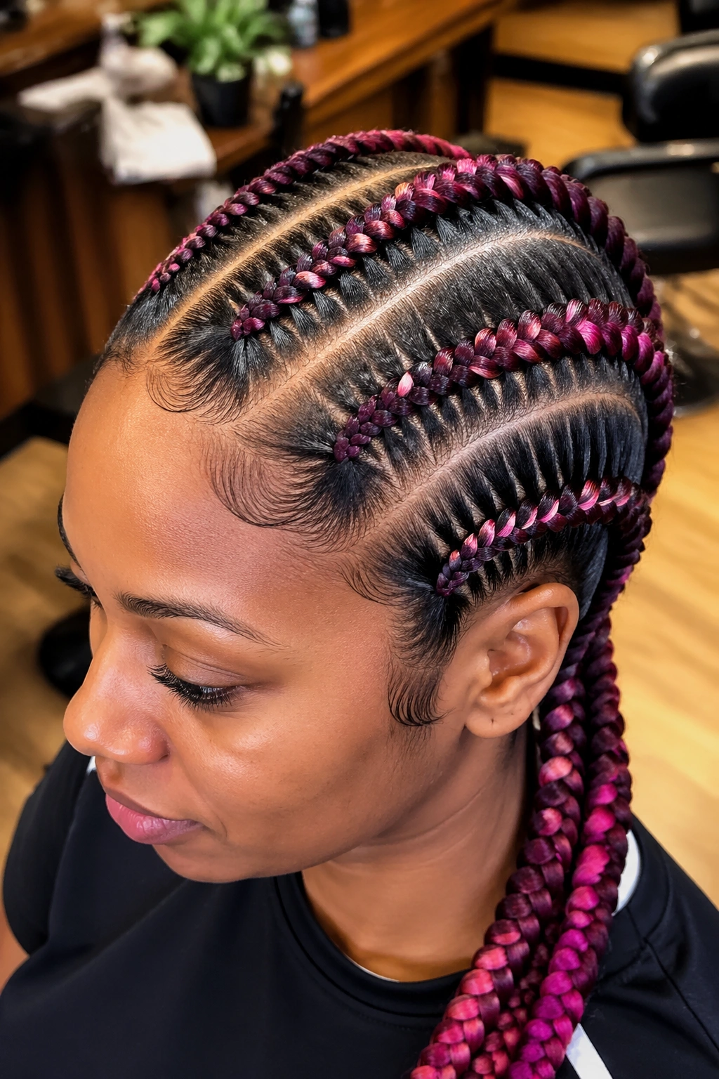 Portrait showing color-fed-in hair with highlighted strands integrated into braids