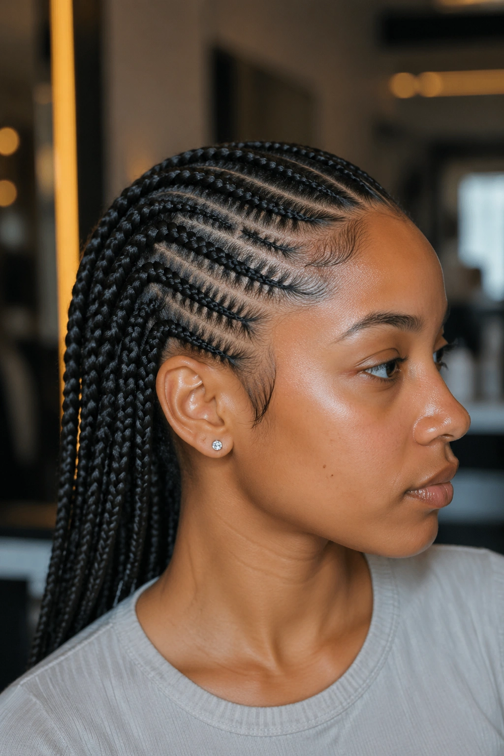 Close-up of a real person with feed-in cornrows along the scalp