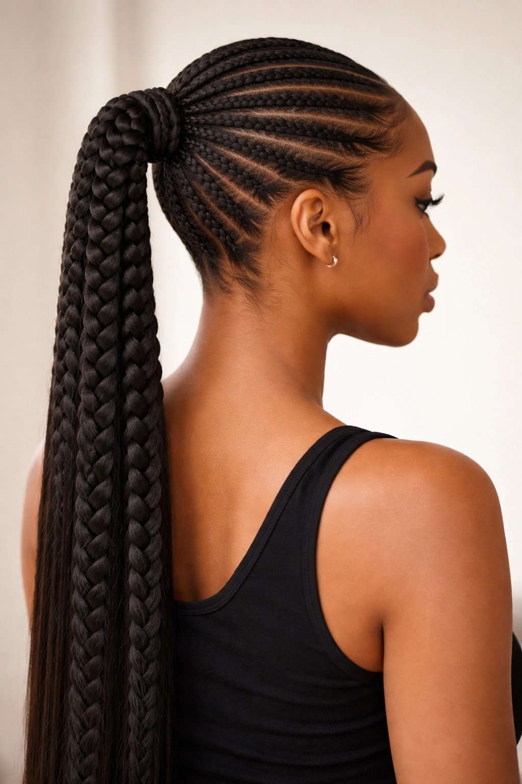 Feed-in braided ponytail with a smooth tail down the back