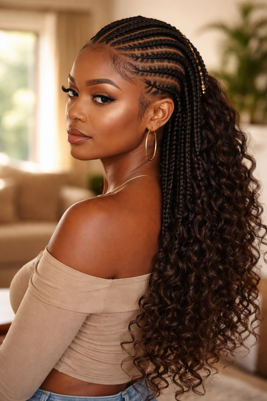 Three-quarter portrait of a real woman with feed-in braids and long curl cascade
