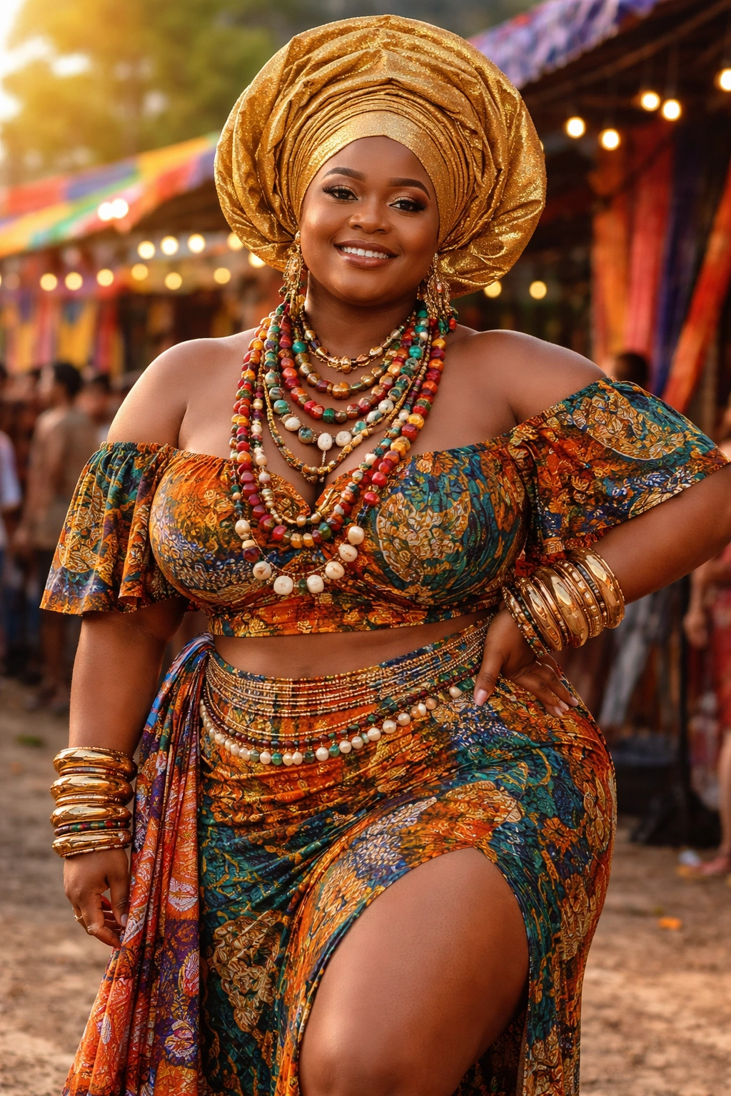 Plus-size model in full Afrocentric festival look with headwrap and accessories