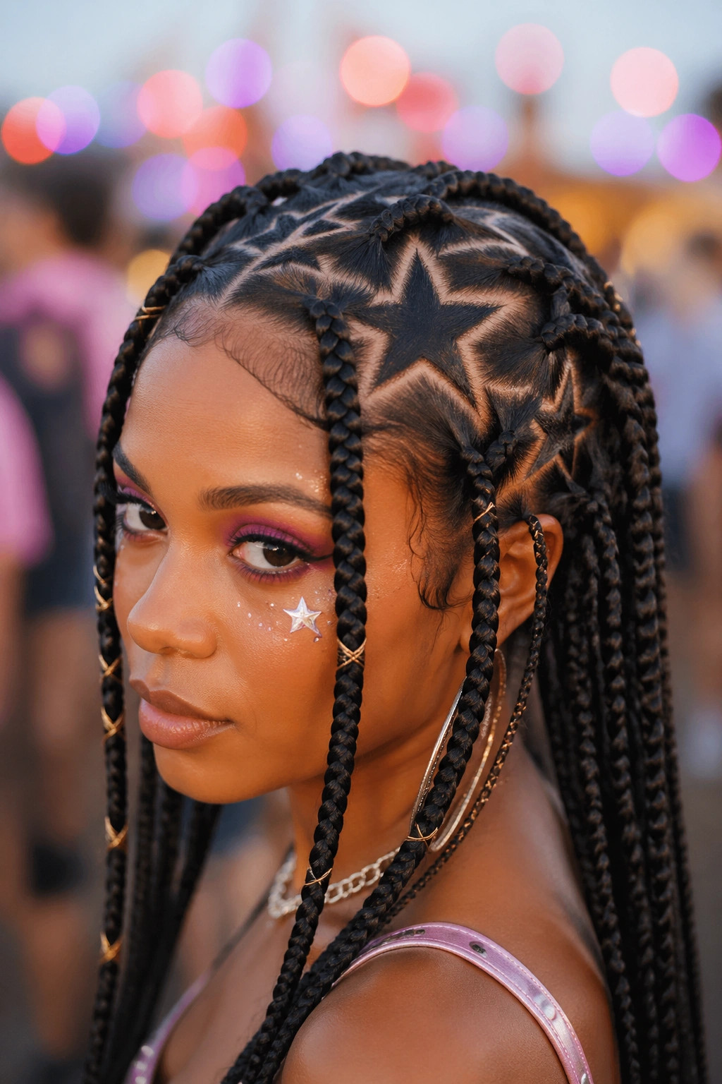 Close-up portrait of real person with festival box braids featuring oversized star maps across the crown