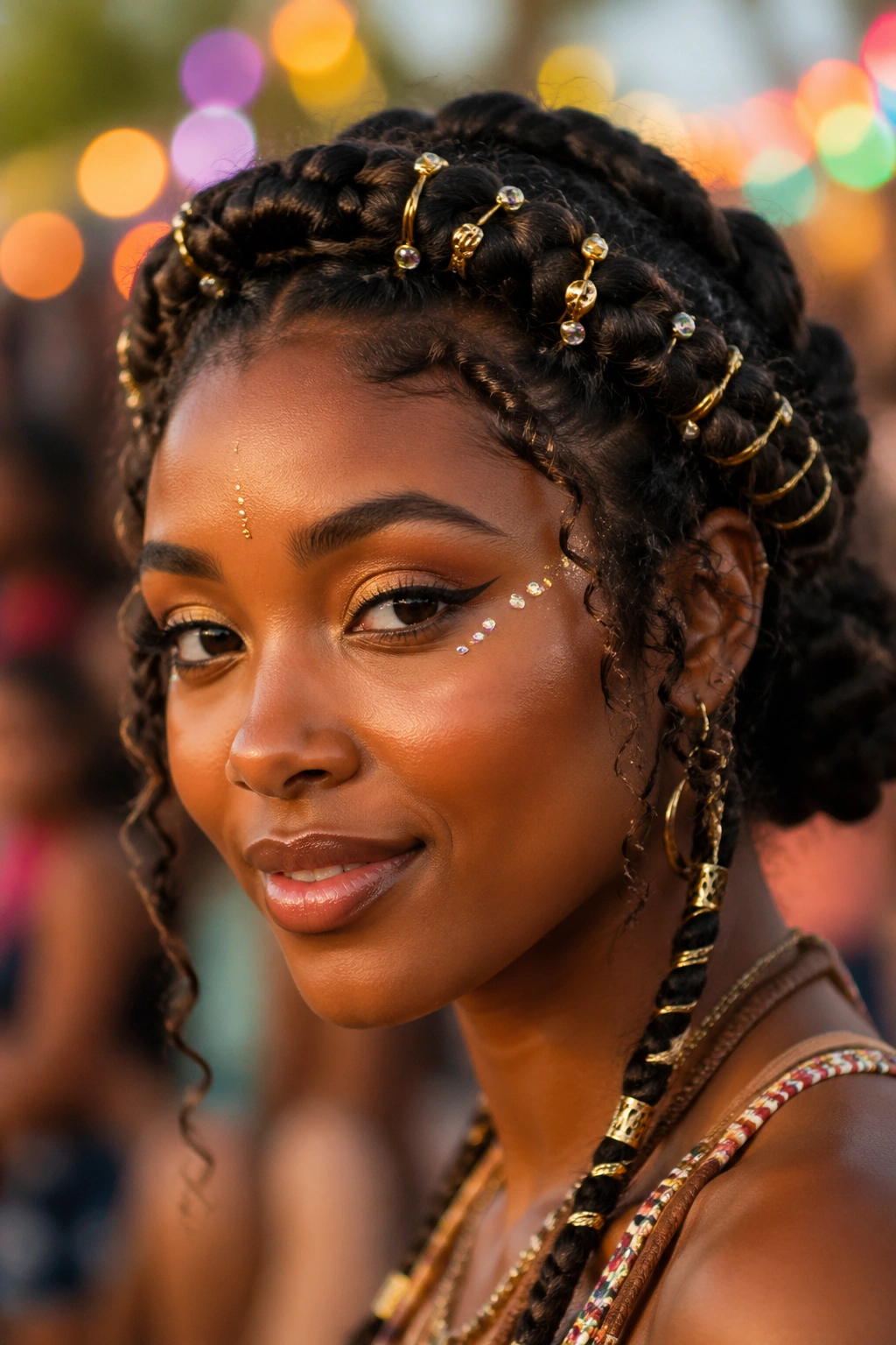 Real person wearing crown braid with gold metallic accessories for a festival.