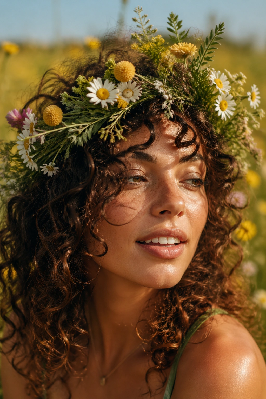 Portrait of a woman wearing a wild, unstructured festival crown on curly hair