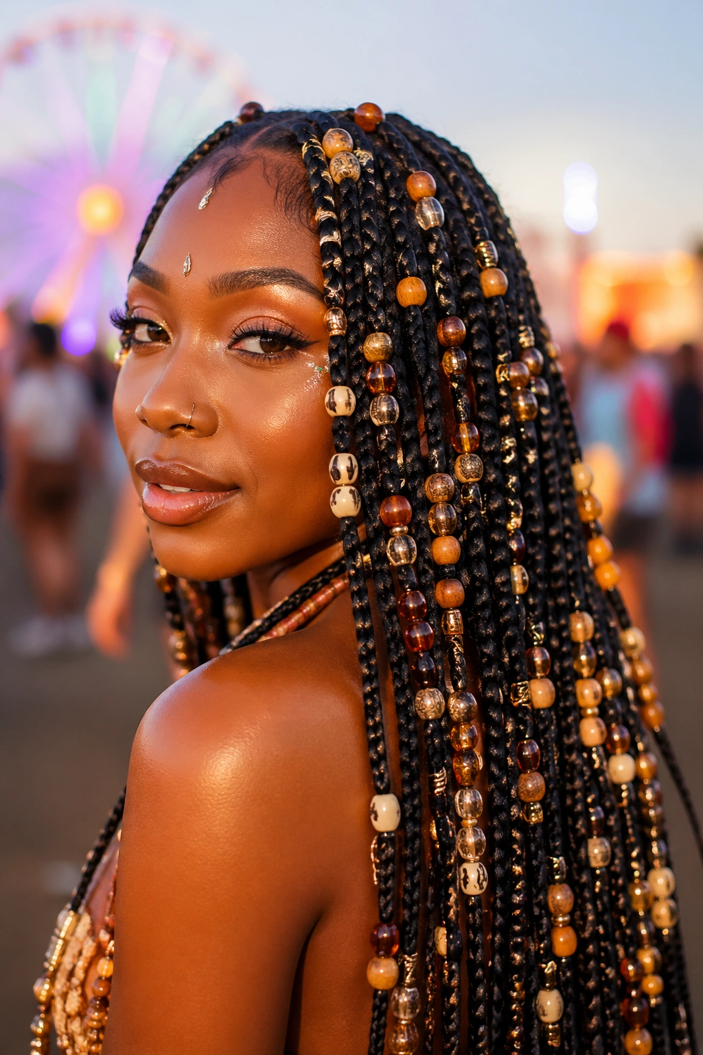 Close-up of a real woman with festival-ready goddess knotless box braids and a full bead mix