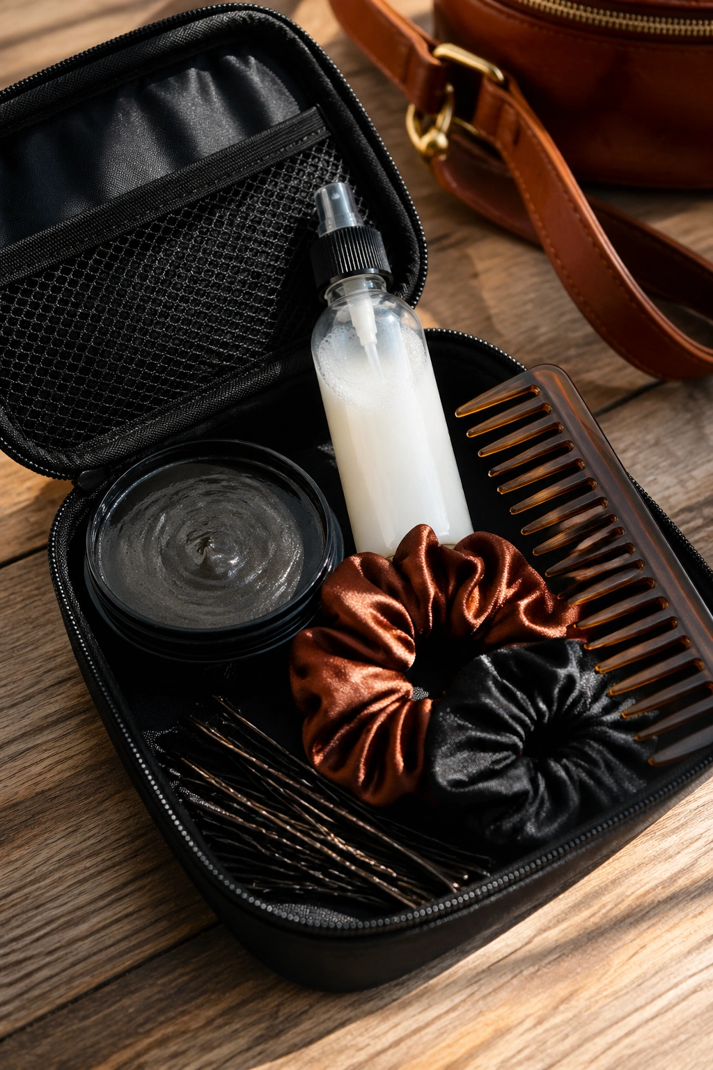 Close-up of a travel-sized festival hair kit with edge control and accessories