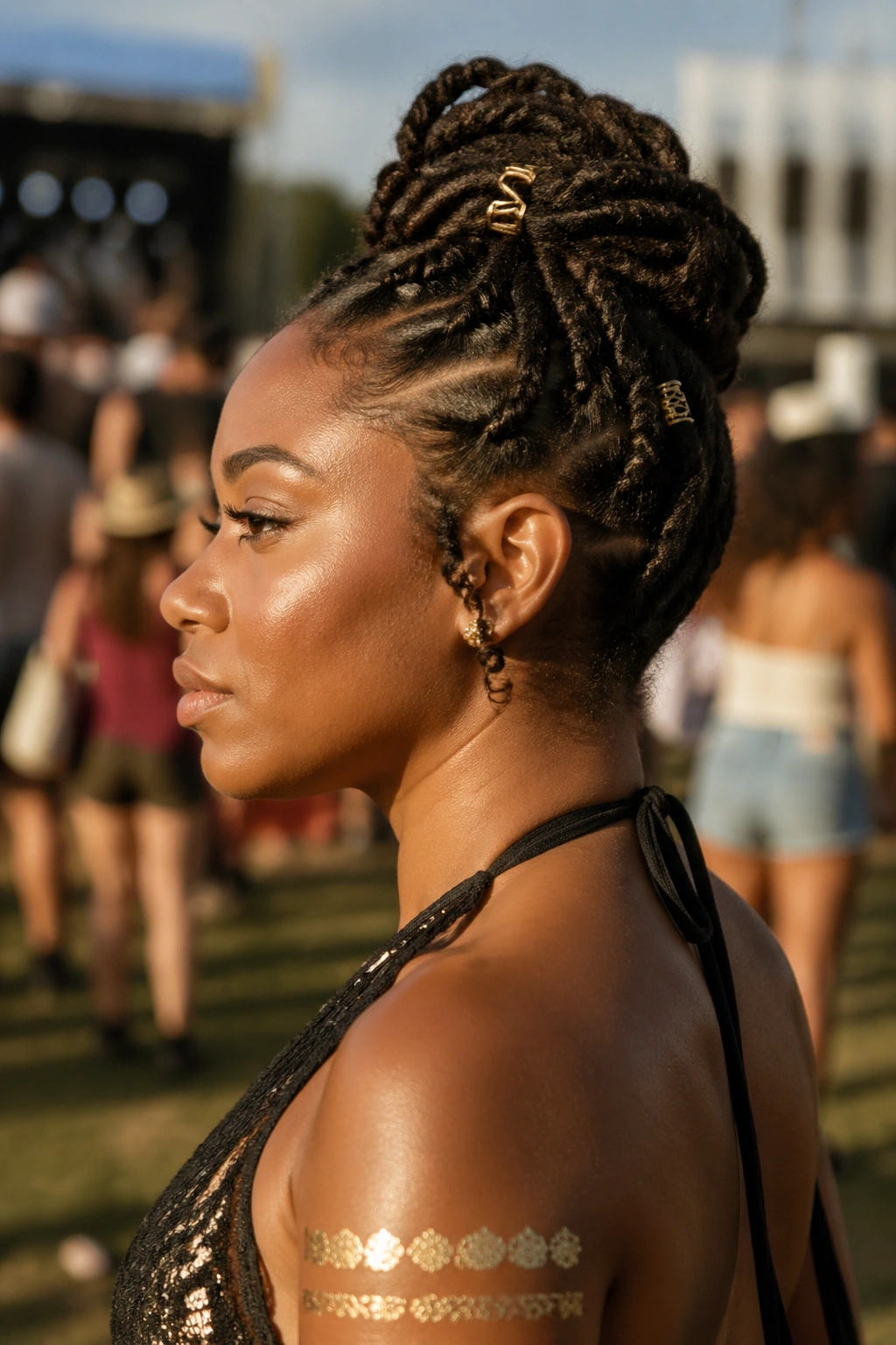 Portrait of a real person with a twisted updo for festival styling