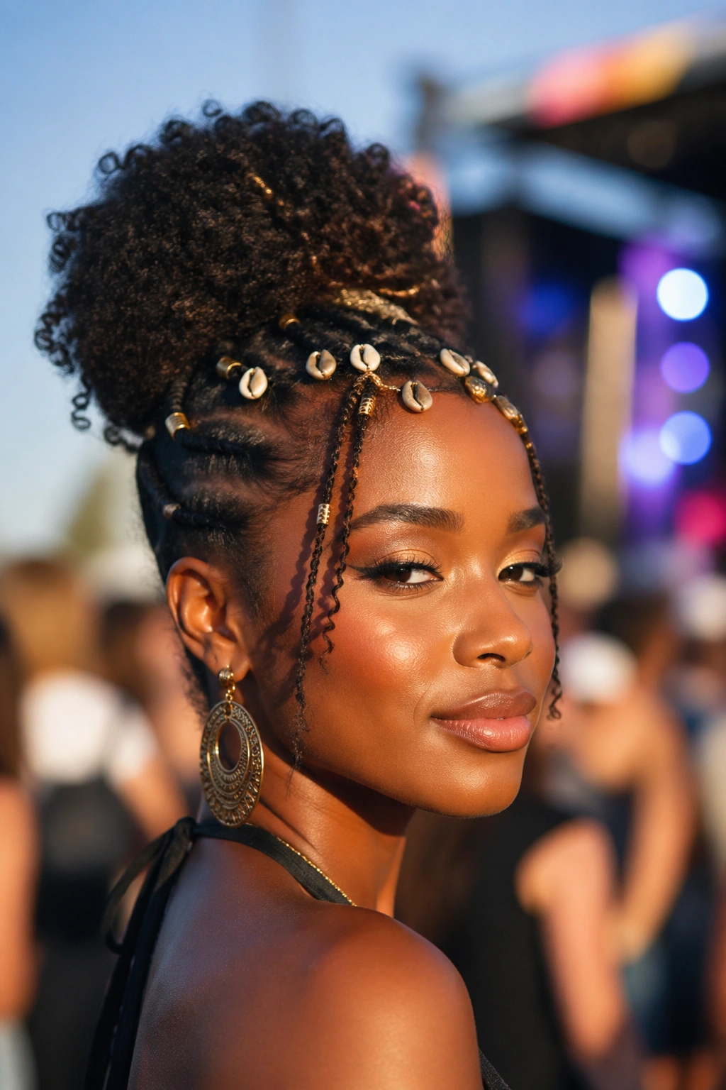 Close-up of a person with a bold festival hairstyle for natural curls