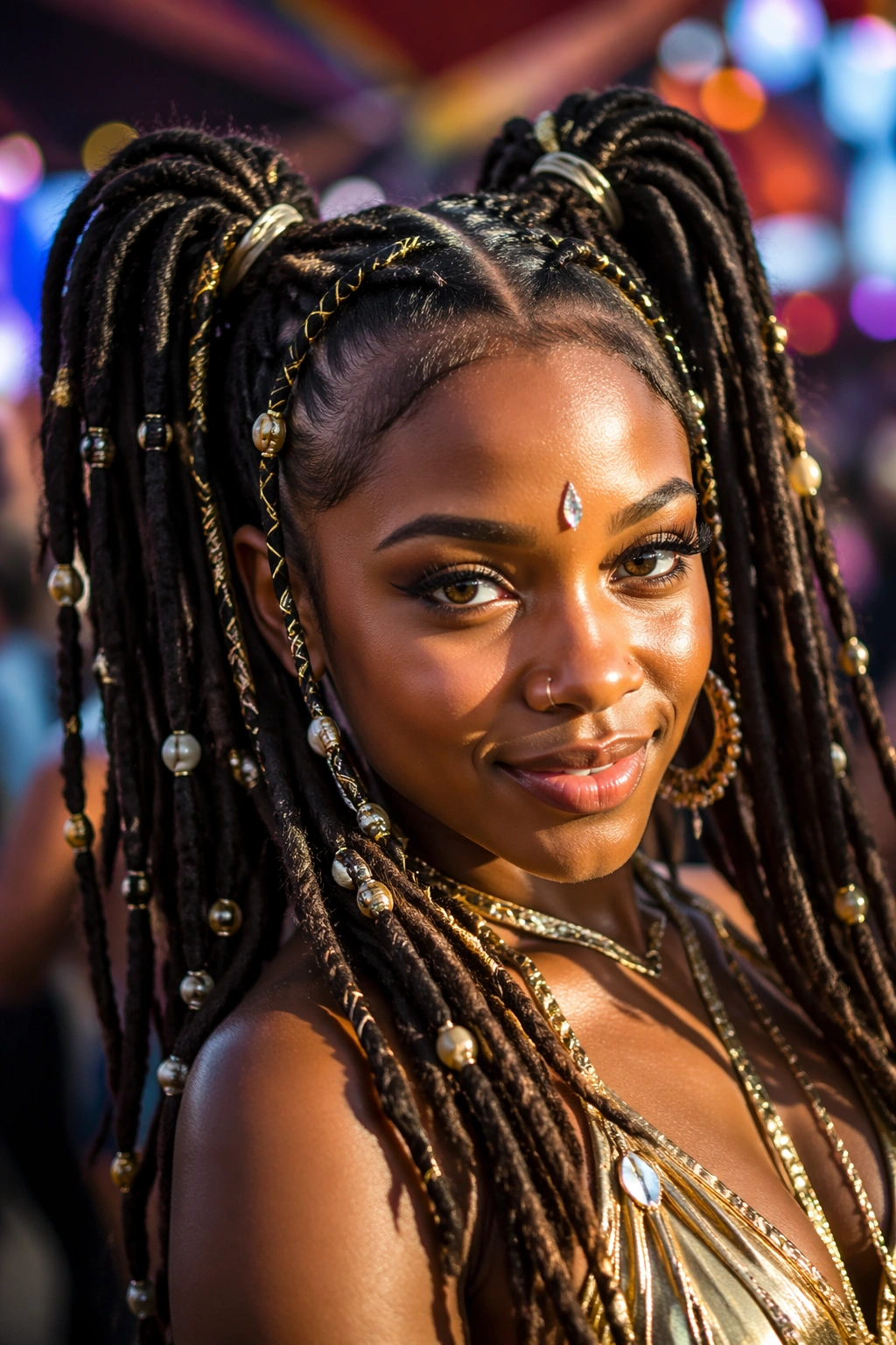 Real person sporting festival twin ponytails with mini sections and subtle embellishments outdoors.