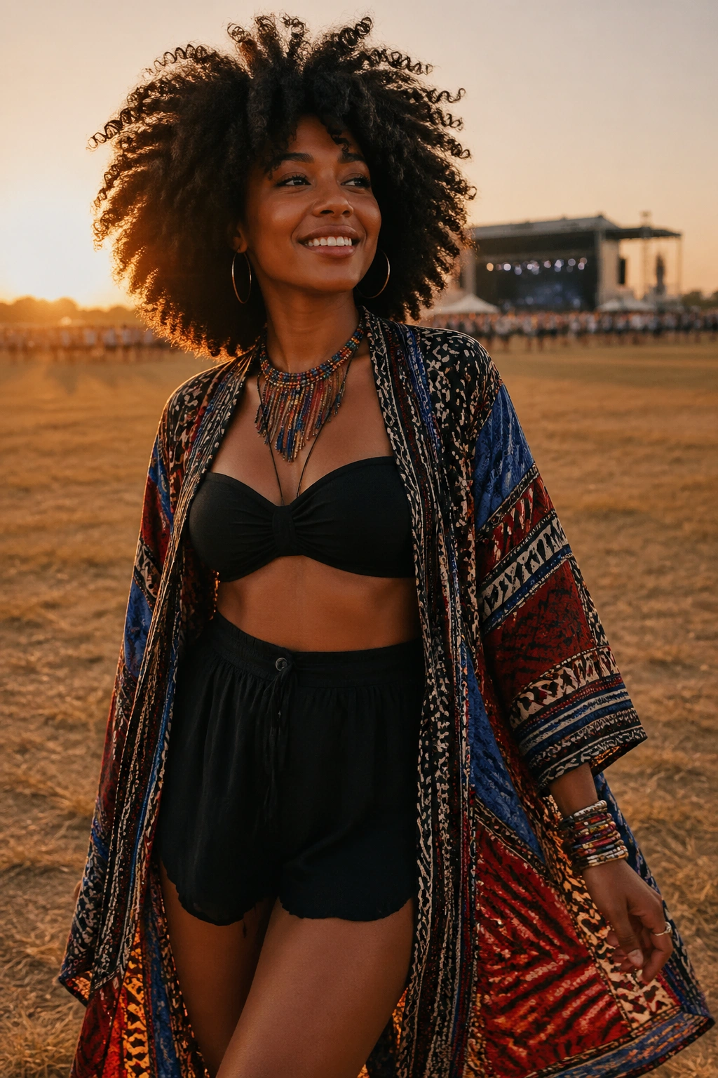 Portrait of a person in a comfortable festival outfit outdoors in a sunlit field
