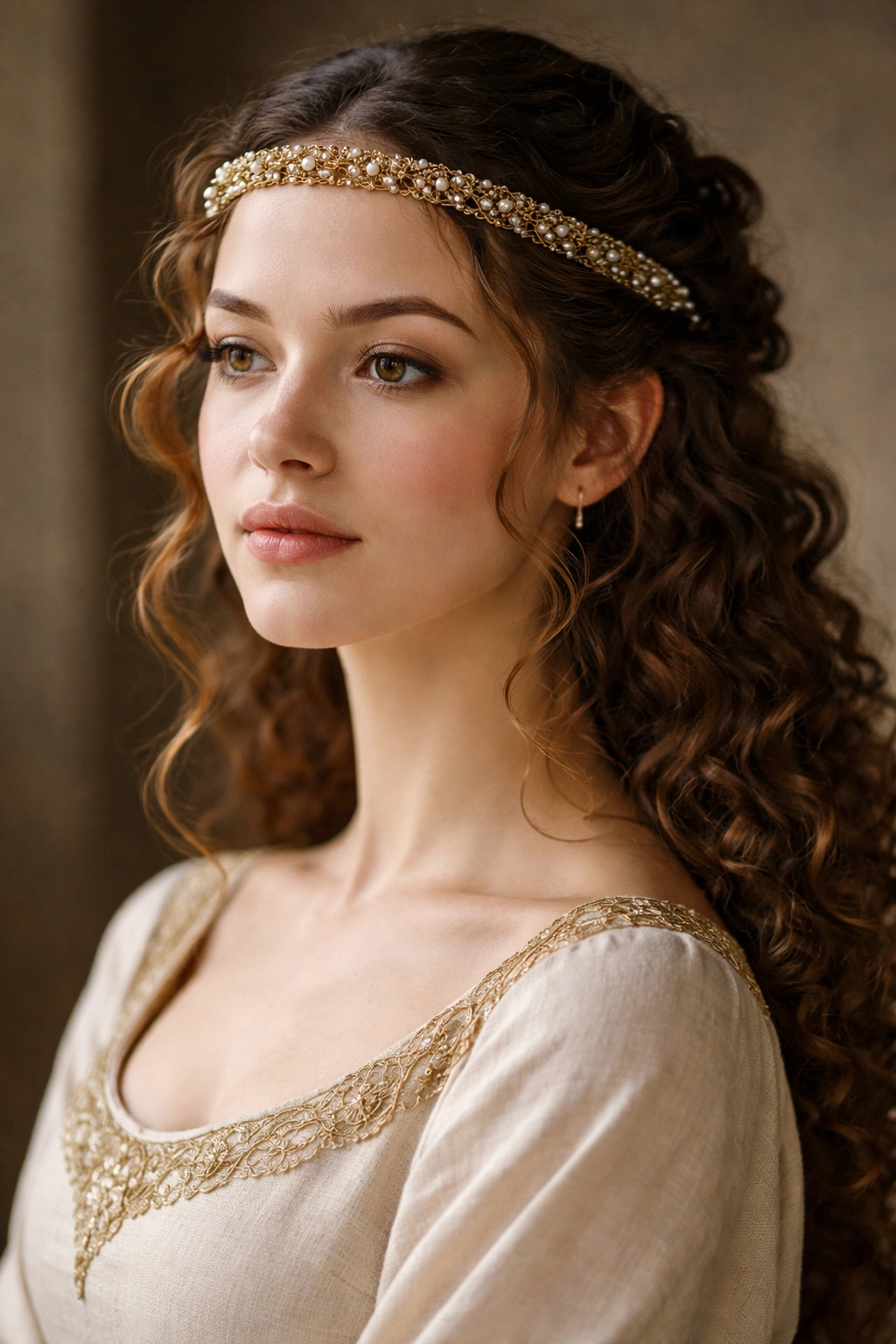 Close-up of a medieval-inspired fillet headband with pinned curls at the back