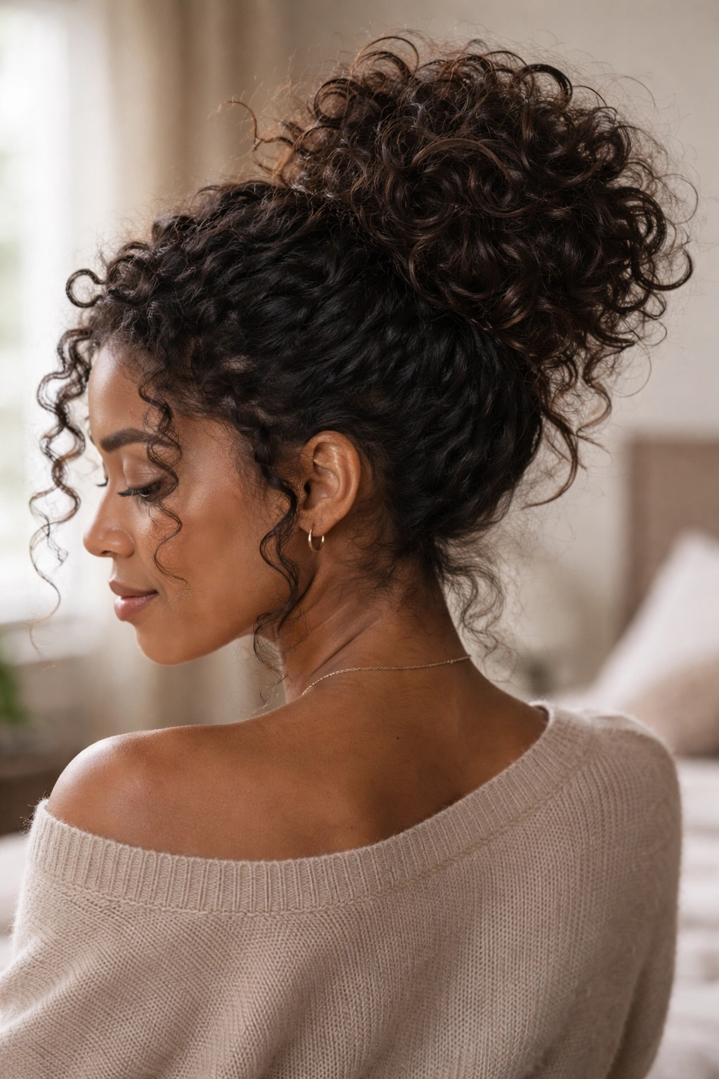 Close-up of a real woman with a large loose messy bun on day-four hair in a cozy bedroom