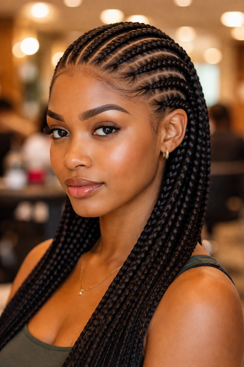 Close-up of a real woman with evenly spaced stitch cornrows in a salon.