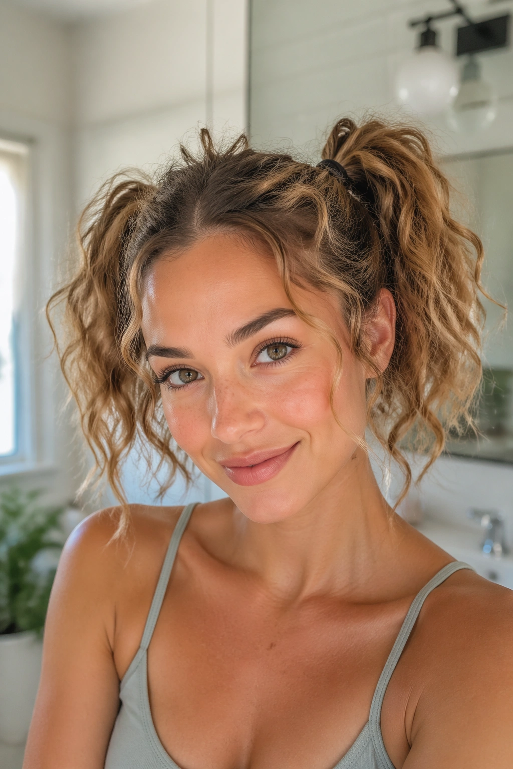 Close-up of real woman with fine loose curls in high double ponytails