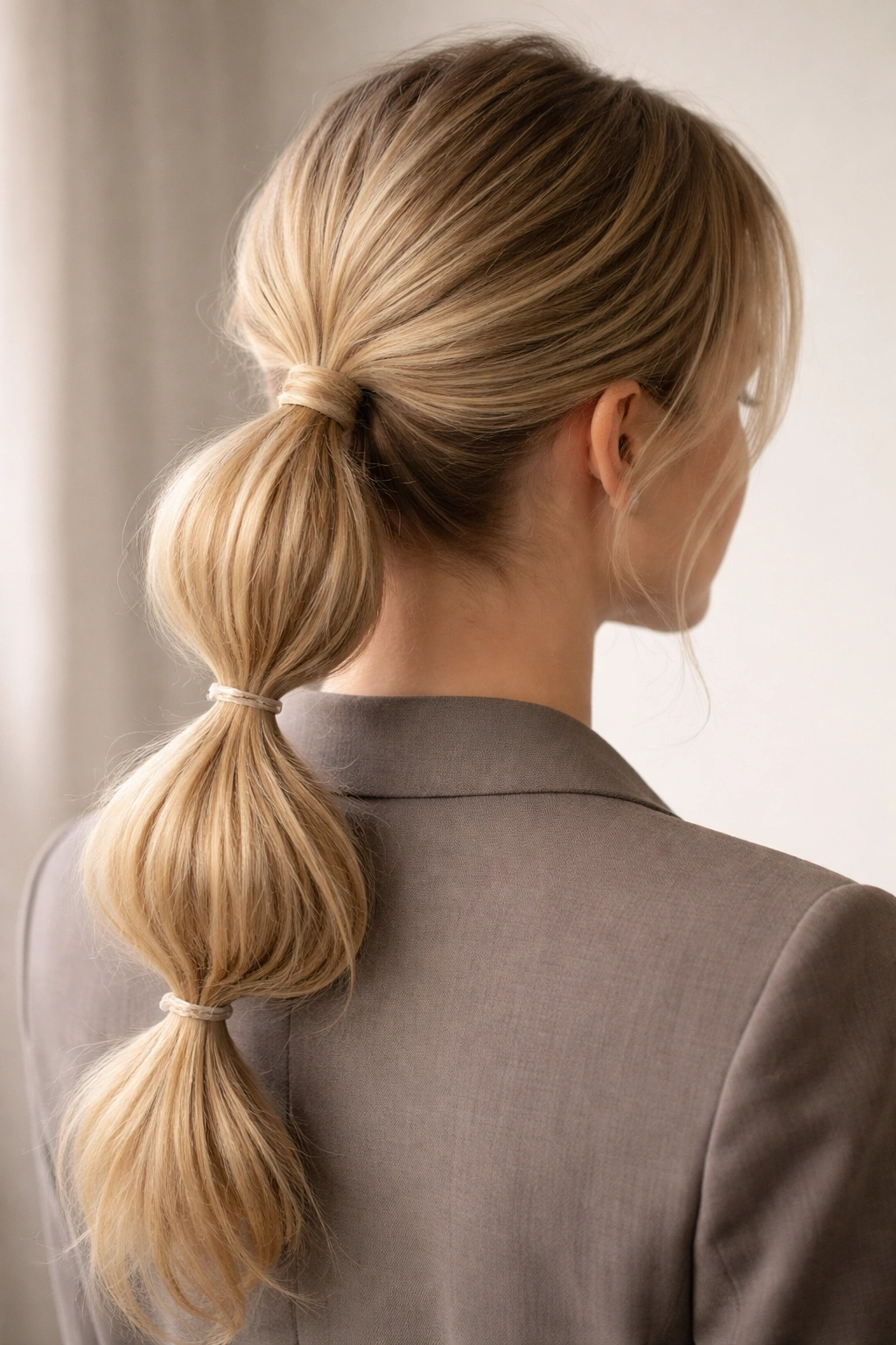 Rear profile of fine-hair bubble ponytail with light teasing creating lift