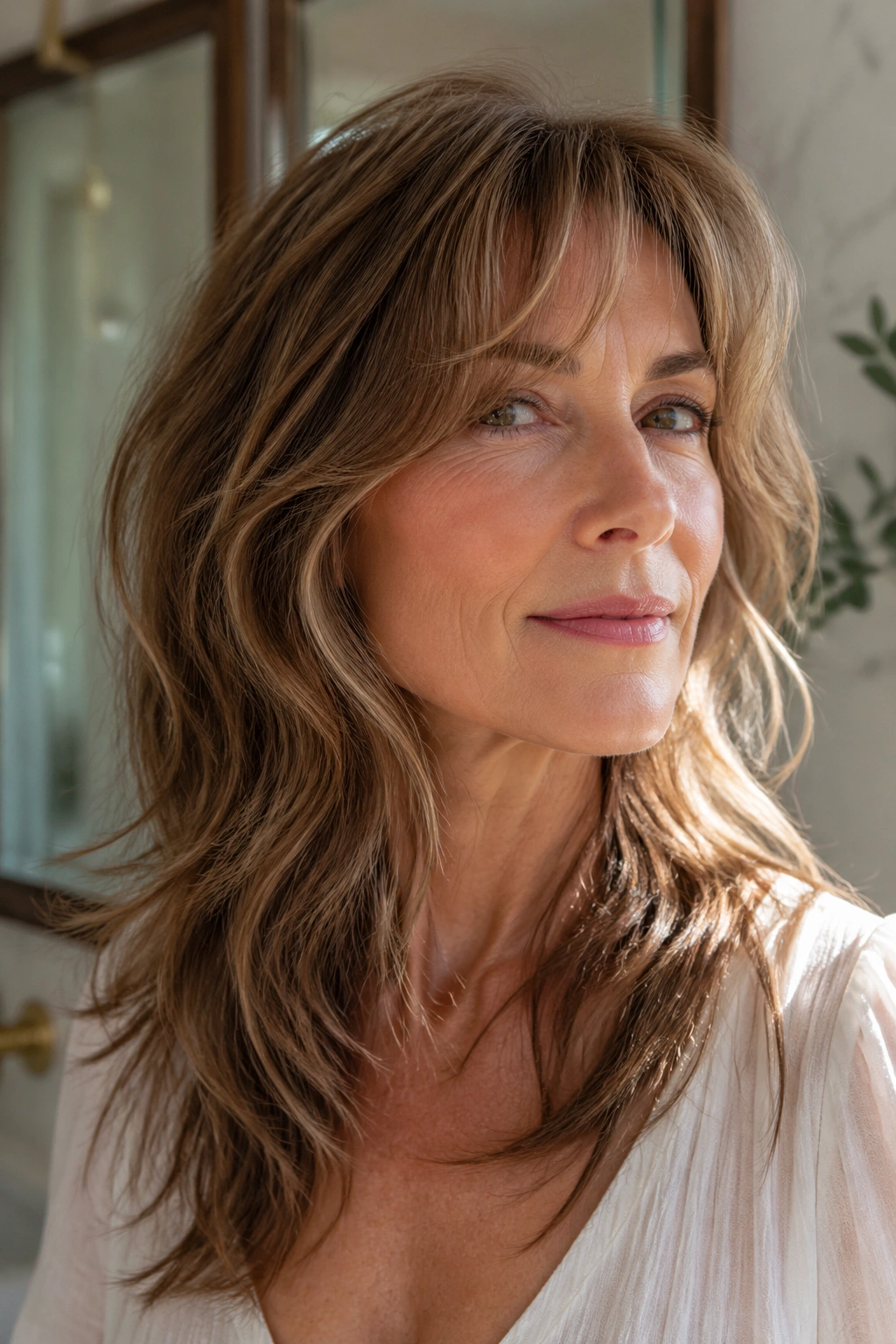 Close-up portrait of a person with fine, wavy hair and choppy ends